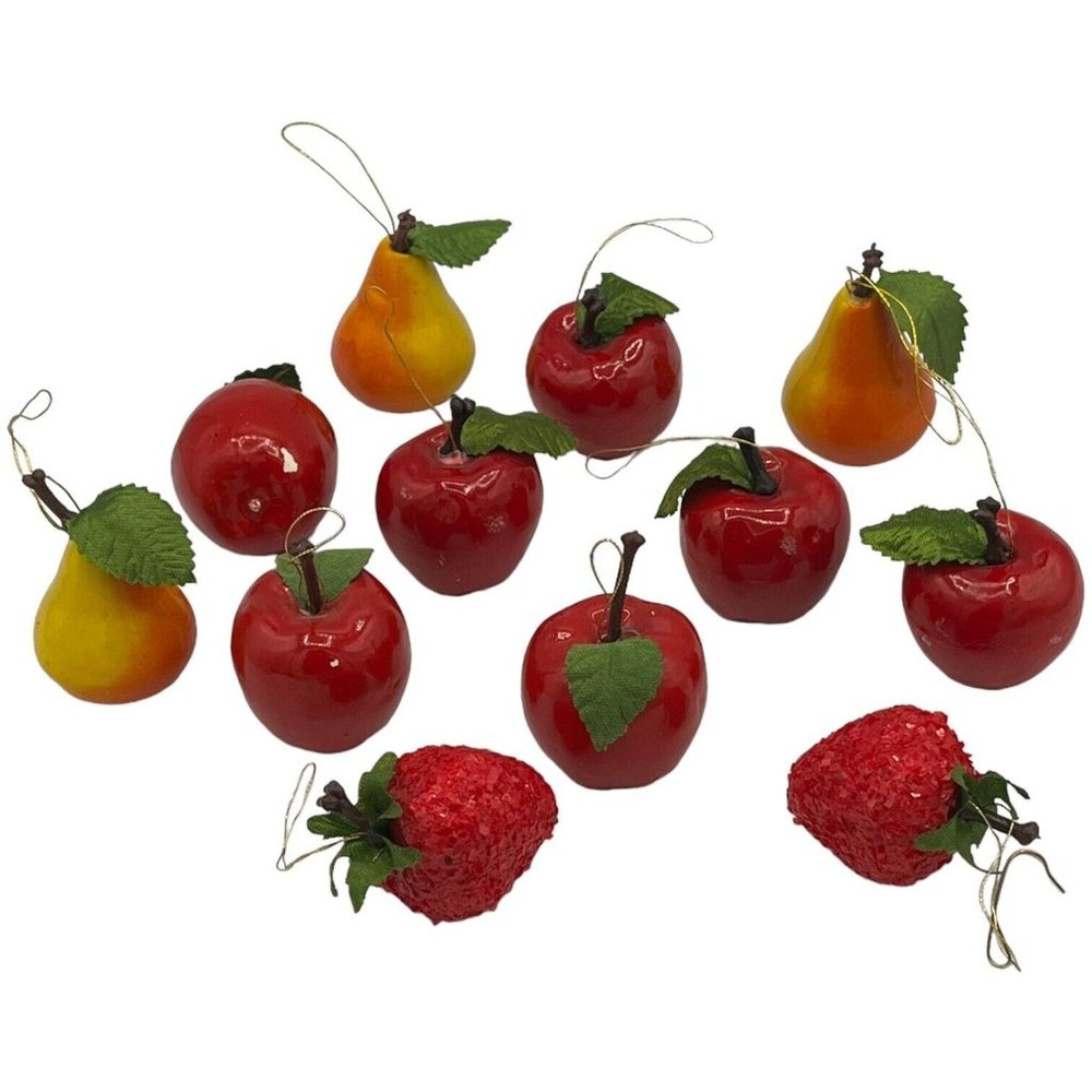 12 Christmas Ornaments Shiny Apples & Pears Glitter Strawberries Green Leaf - Picture 2 of 11